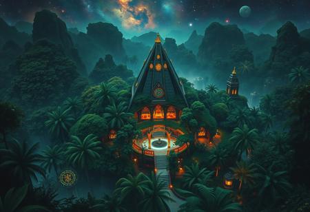 A nightclub in the middle of the jungle, view from above, in the style of an oil painting, scifi, cosmic, astral, ziggurat