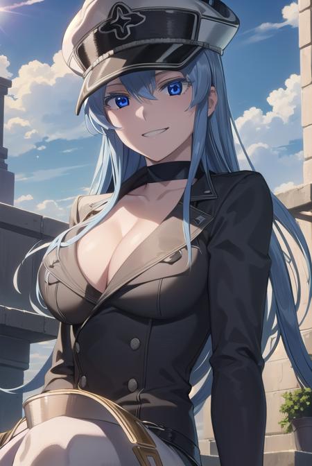 esdeath, <lora:agk esdeath s1-lora-nochekaiser:1>,
esdeath, blue eyes, blue hair, long hair, smile, grin,
BREAK boots, choker, cleavage, collarbone, hat, ice, military, military uniform, peaked cap, thigh boots, thighhighs, uniform,
BREAK outdoors, city, building, sky, sun, clouds, people, crowd,
BREAK looking at viewer, (cowboy shot:1.5),
BREAK <lyco:GoodHands-beta2:1>, (masterpiece:1.2), best quality, high resolution, unity 8k wallpaper, (illustration:0.8), (beautiful detailed eyes:1.6), extremely detailed face, perfect lighting, extremely detailed CG, (perfect hands, perfect anatomy),