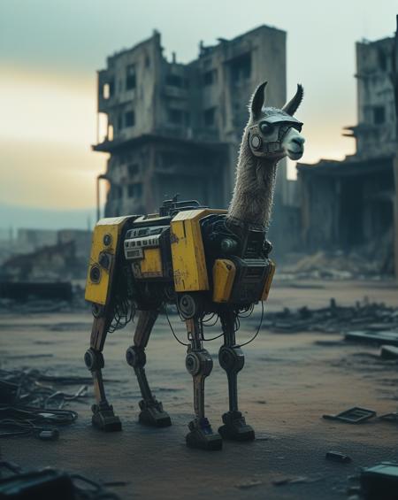 A cybernetic llama stands amidst ruins, with one side resembling a mechanical robot and the other side retaining its natural fur. The background is a desolate wasteland with crumbling buildings, rusted machinery, and a toxic yellow sky. Incorporate subtle details like glowing blue circuits, exposed wires, and worn leather straps to convey a sense of decay and technological overreach