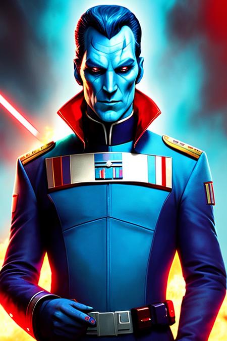 photo of thrawn, an alien, wearing a star wars imperial uniform, (blue skin:1.5), (red eyes:1.3), (colored skin,:1.1), detailed face