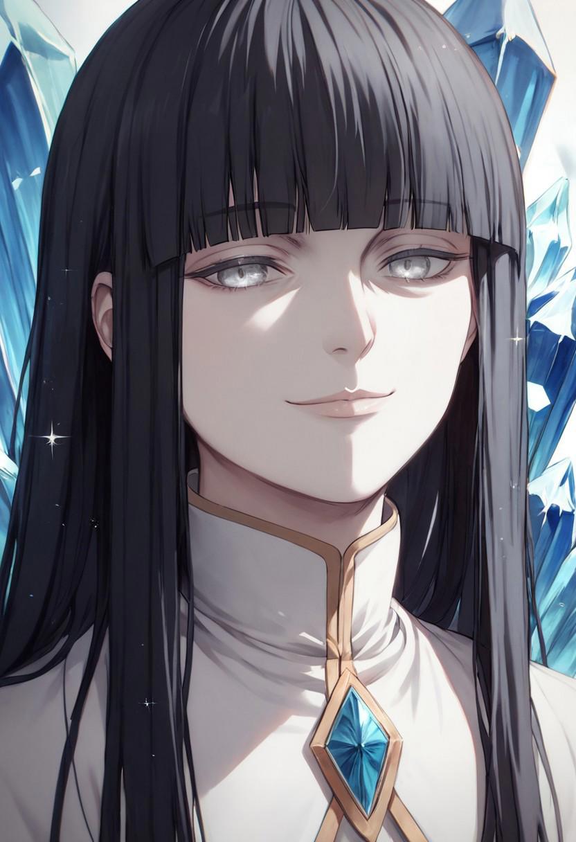 sscore_9,score_8_up,score_7_up,score_6_up, 1woman, adult, gentle, tender, tall girl, silver eyes, pale skin, perfect skin, flat chest, upper body, portrait, black hair, long hair, mature, half closed eyes, fully clothed, white tunic, noble priest, noble, blunt bangs, devious, youth, manipulative, slim, beautiful, close-up,crystal, eye focus, gem,sparkle, star \(symbol\), source_anime, evil smile, bangs covering the eyes, long bangs, hime cut