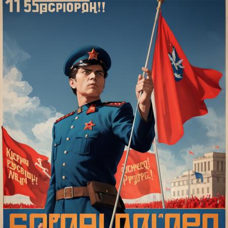 perceptive, dramatic_angle, upper body, 
(1male:1.5),mature,  blue_uniform, solo, calling,
CCCPposter, soviet, (poster), (red_stars:0.75), hammer and sickle, flag, field, sky, plane,
 <lyco:CCCPposterv3:0.30>