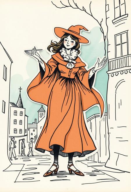 A delicate paper cut-out of a magical Woman, graphic illustration, vintage storybook aesthetic, bold linework, expressive character gestures, limited color palette, mid-century visual style, 19th-century whimsy, narrative composition, urban and pastoral settings, playful tone, comic strip influence, period clothing, stylized figures, high-contrast rendering, ink and watercolor texture, dynamic movement, architectural detail, narrative illustration, light humor, classic book charm