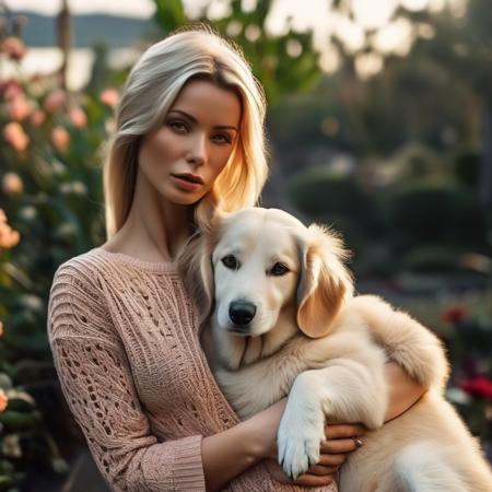 professional photo shoot of an adult woman, wearing a (long sweater, subtle make-up, long hair), ((sitting in a beautiful blooming flower garden, cuddling a cute puppy)), spring, daylight, sunrise, ((inperfect skin, detailed skin, realistic skin, pores, detailed face)), natural colors, insane details, (masterpiece, best quality, ultra-detailed, best shadow), high contrast, (best illumination), ((cinematic light)), colorful, hyper detail, dramatic light, intricate details, (1 girl, solo, sharp face) , ultra detailed artistic photography, dreamy, backlit, shadows, ultra high definition, 8k, ultra sharp focus, intricate artwork masterpiece, realistic eyes, ultra high quality model, soft lighting, film photography, analogue photography, hyperrealism,enokaeva, <lora:EnokaevaXL:1>