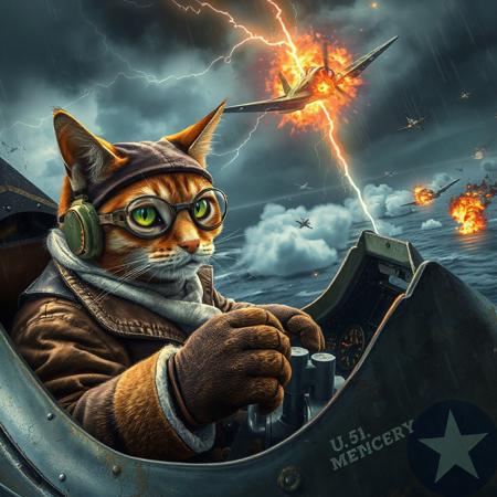 A hyper-detailed cockpit view of an anthropomorphic tabby cat piloting a P-51 Mustang in a fierce WWII aerial battle above a stormy ocean. The cat focuses intensely, gripping the controls, as enemy planes trail smoke and tracers streak past. Lightning flashes illuminate the chaotic sky, casting dramatic shadows across the cockpit.
Cat Pilot: The orange tabby wears a brown leather flight jacket with a shearling collar, white silk scarf knotted at the neck, and a snug leather cap with ear holes, adorned with a faded squadron patch—a claw clutching a lightning bolt. Aviator goggles reflect the glowing dials, their lenses scratched from prior missions. A small oxygen mask fits its muzzle, and a headset with a tiny microphone rests over its ears. Its gloved paws—one on the throttle, one on the stick—show dexterity, with claws slightly extended in tension. Whiskers twitch, and its green eyes narrow with determination.
Cockpit and Plane: The P-51 cockpit has worn metal, a scratched canopy with faint bullet marks, and glowing amber gauges. The stick is paw-friendly, wrapped in worn leather. Wings bear U.S. Army Air Forces insignia: a white star in a blue circle, faded from battle. Outside, smoke trails and bullet casings litter the sky, with a spiraling enemy plane engulfed in flames.
 Lightning highlights the cat’s fur texture and the gleam of its goggles. Rain streaks the canopy, and the plane shakes mid-maneuver. Colors are brown, green, silver, with fiery orange explosions.
