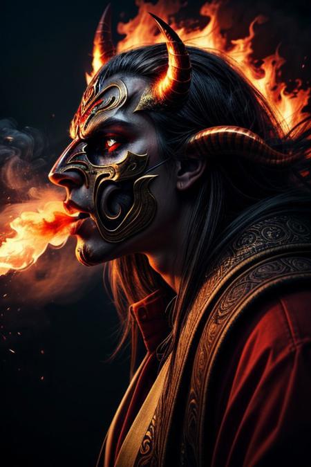 masterpiece, best quality, absurdres, illustration, photorealistic, cinematic, dynamic angle, perfect composition, 1other, oni mask, fiery eyes, burning horns, smoke trails, glowing embers, intense heat, flaming background