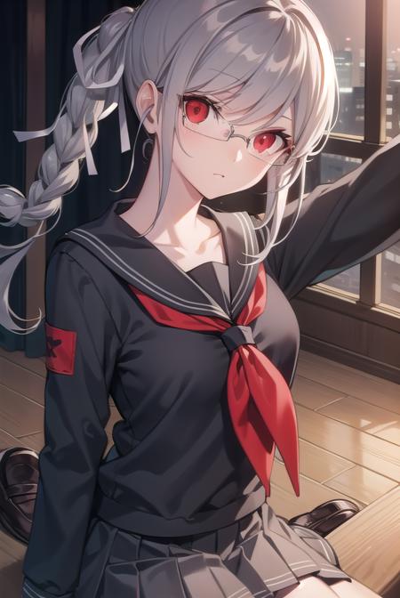 pekopekoyama, <lora:pekopekoyama-lora-nochekaiser:1>,
peko pekoyama, braid, long hair, (red eyes:1.5), twin braids, glasses,
BREAK black pantyhose, black shirt, brown footwear, collarbone, pantyhose, pleated skirt, school uniform, serafuku, shirt, shoes, skirt,
BREAK looking at viewer,
BREAK indoors, classroom,
BREAK <lyco:GoodHands-beta2:1>, (masterpiece:1.2), best quality, high resolution, unity 8k wallpaper, (illustration:0.8), (beautiful detailed eyes:1.6), extremely detailed face, perfect lighting, extremely detailed CG, (perfect hands, perfect anatomy),