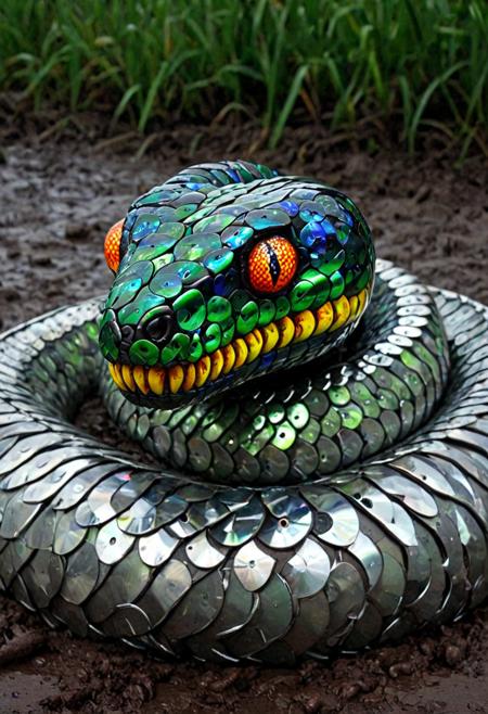 Horror-themed an scary snake  made of cd's coiled , mud, outdoors, rain, Eerie, unsettling, dark, spooky, suspenseful, grim, highly detailed <lora:CDs_SDXL:1>
