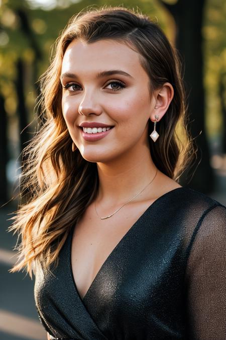 beautiful woman (m1ll13bb:.99), realistic, (detailed:1.15),(film grain, skin details, 4k:1), smile, Dappled Light, analog style (look at the viewer), (skin texture), (film grain), (hyper-realistic texture skin:1.3), cinematic light, sidelighting, ultra high res, best shadow, RAW, beautiful hair, (little black dress) winter city park, professional model photoshoot, hdr, sunset, (short hair), smiling, (earrings), (perfect waist)