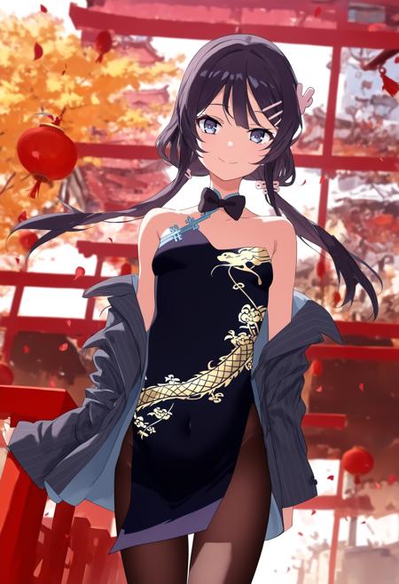 kisakioutfit, china dress, chinese clothes, pelvic curtain, bare shoulder grey jacket, off shoulder black hair, halo, double bun, hair bun, twintails, long hair, 