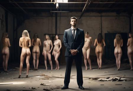 Surreal art print photograph. Abandoned warehouse space with dark surreal lighting. 
A man in a business suit stands in the midground. His face is an indistinguishable blur but his body is shalt on focus. Bokeh effect, man in suit in focus.  
He is surrounded by beautiful nude women.  They stand with hands behind backs submissively. All are beautiful and realistic.