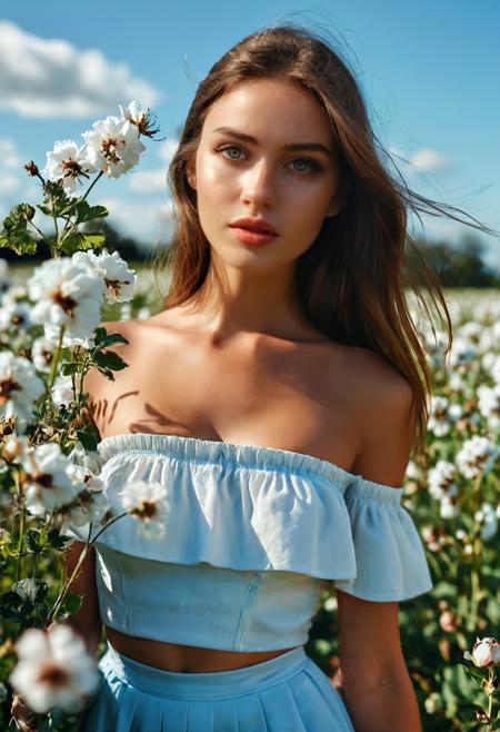 cinematic film still a woman in a blue dress standing in a field of flowers with a bee on her shoulder and a flower in her hand, Elina Karimova, flowers, a portrait, color field . shallow depth of field, vignette, highly detailed, high budget, bokeh, cinemascope, moody, epic, gorgeous, film grain, grainy