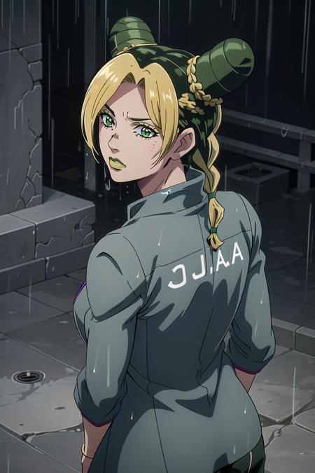 jolyne,  1girl,  solo,  blonde hair,  black hair,  jewelry,  from behind,  green hair,  detailed,  BREAK /grey prison jacket/,  raining,  braided ponytail,  ass,  looking back,  green eyes,<lora:EMS-260993-EMS:0.800000>