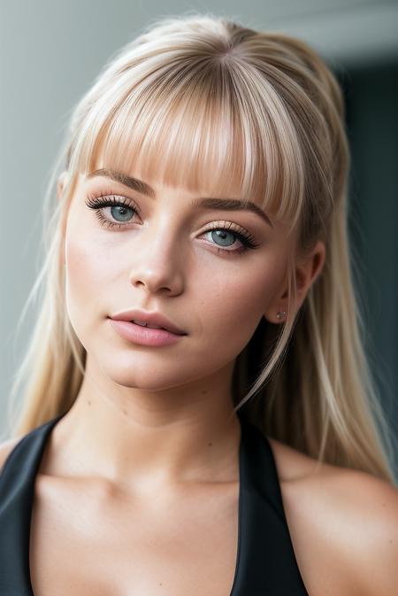 beautiful woman (blonde M1ll13G1bs0n:.99), (ponytail with bangs:1.4), ((portrait)), (closeup:1.2), ((from the waist up)), (((  A modern, minimalist hair salon, featuring sleek styling stations and a clean, professional design 1.2 ))), natural skin texture,  ((  Tiered dress :1.2)), 24mm, 4k textures, soft cinematic light, adobe lightroom, photolab, hdr, intricate, elegant, highly detailed, sharp focus, ((((cinematic look)))), soothing tones, insane details, intricate details, hyperdetailed, low contrast, soft cinematic light, exposure blend, hdr, faded, now, ("I've got a bad feeling about this.":1.1)