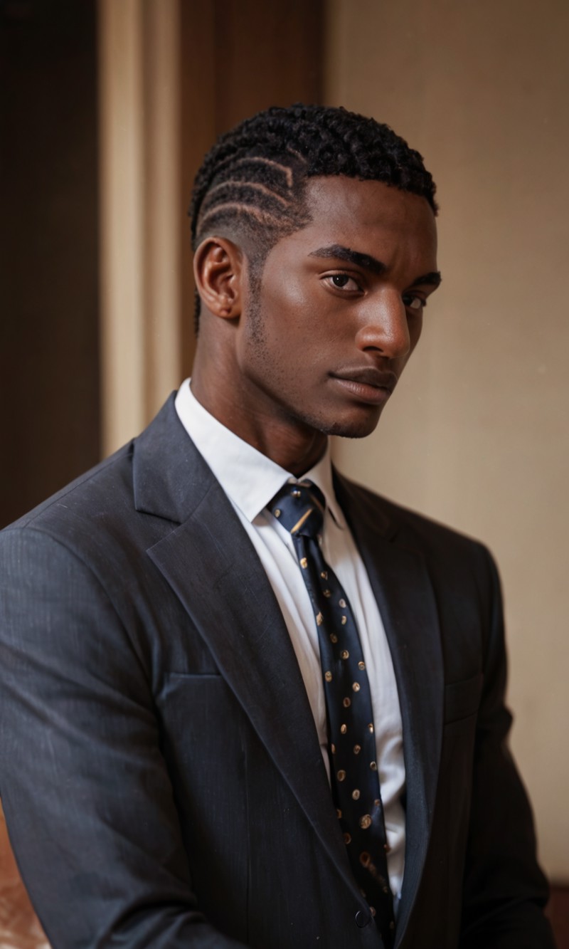 score_9, score_8_up, score_7_up, BREAK, black male, african american, fit, suit, gold, portrait, highly detailed, detailed...