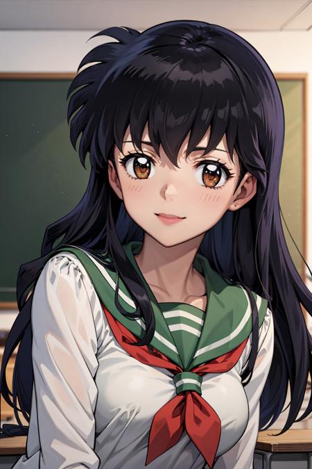 best quality, masterpiece, close-up, portrait, 1girl, higurashi kagome, black hair, brown eyes, long hair, medium breasts, serafuku, sailor collar, indoors, classroom, looking at viewer ,smile
<lora:Kizuki - Inuyasha - Higurashi Kagome:0.9>