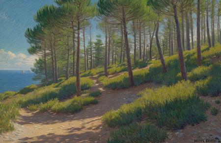 (impressionism:1.05), Cliff/Bluff, pine forest, (Vincent Di Fate:1.1), scenery,scene painting,a painting, salt flat,