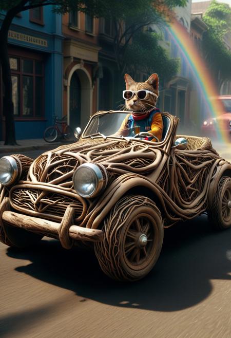 PG-TR, (made out of roots:1.3), made out of roots, full body shot, from side, cute small roots classic sports car, cat driving, wear round goggles, wear animal ears helmet, run through on roots city street, Dust, Taste the Rainbow, cinematic, cinematic lighting, (masterpiece, best quality:1.4), ultra-high res, 4k, Photorealistic, insanely detailed, sfw,