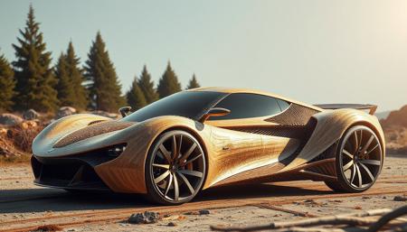 masterpiece of photography, dyanimic framing, an incredible image,A sleek and aerodynamic vehicle crafted entirely from the finest pine needles and sturdy oak wood, its exterior gleaming with an organic sheen, the bark subtly blending into the design, creating a harmonious fusion of nature and engineering.,