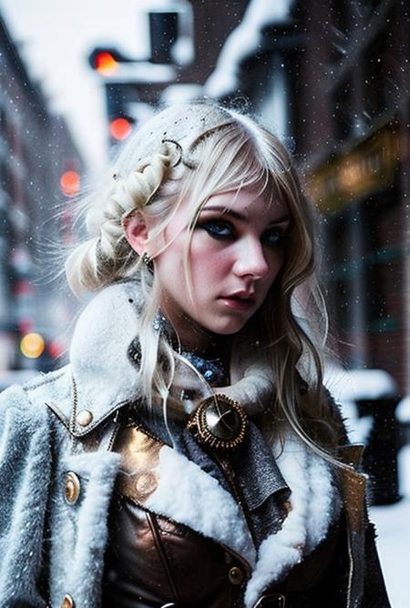 taylor, steampunk, Artistic Portrait 18yo beautiful woman, perfect nose, perfect face, perfect, gorgerous, slim girl , Caucasian, white skin, white eyes,  snowstorm,  snow, wind, blizzard, light theme, steampunk outfit, black eyeliner, cinematic light, Night Photography, Light Beans, dramatic light, intricate details, berfect breasts <lora:steampunkengis_ss13_mech:0.5> <lora:atrizes_v05:1>