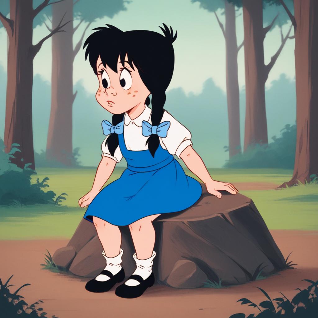 score_9_up, score_8_up, BREAK, DotHugson, 1girl, solo, black hair, twin braids, black eyes, freckles, hair bow, white shirt, short sleeves, blue dress, white socks, black mary janes, <lora:DotHugson_TheOzKids_PXL_Leaf1:1>, outdoors, forest, sitting on rock,