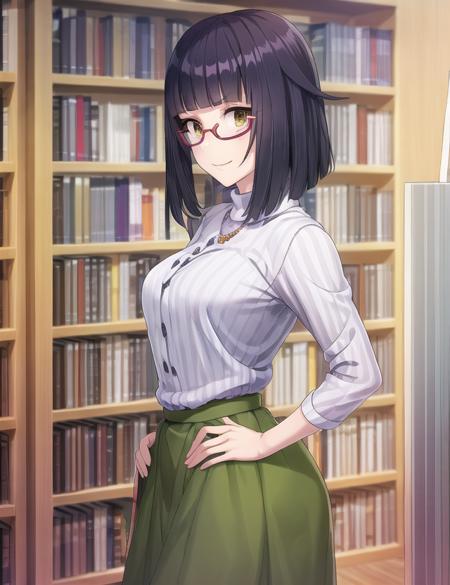 ultra high quality illustration, anime, high quality , 8k, masterpiece, realistic human female, realistic proportions, detailed face, smooth soft skin, realistic dreamy eyes, beautiful intricate colored hair, symmetrical, intricately detailed hair, soft lighting, detailed eyes, beautiful, (looking at the viewer), smooth skin, perfect skin, (beautiful detailed face), black hair, yellow eyes, smile, bangs, satori utsugi, jewelry, realistic, short hair, (bob cut):1.5, glasses, skirt, long skirt, red-framed eyewear, under-rim eyewear, green skirt, turtleneck, vertical stripes, striped shirt, shirt, pumps, heels, books, library, shelf, bookshelf, upper body, hand on hips