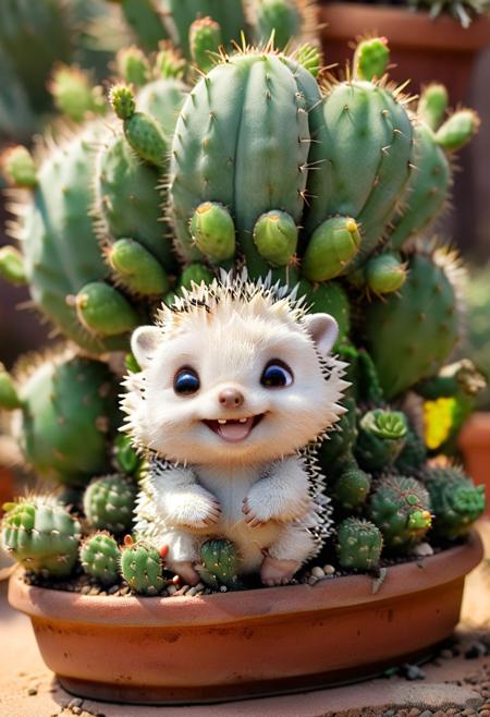 realistic, photograph, detailed photography, high quality, depth of field, white balance, volumetric lighting, 
MG_ip, chibi, 
Cute hedgehog meeting a smiling cactus