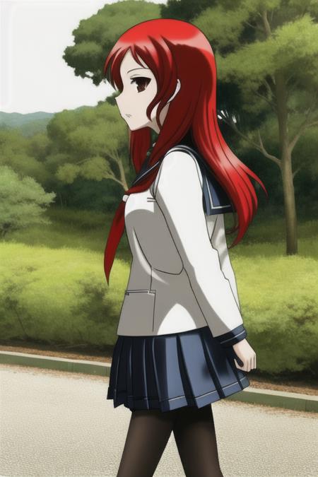 Hisa <lora:ANIME_Saki_Characters:0.6> <lora:ANIME_beautifulDetailedEyes_v10:0.4>, 1girl, school uniform, red hair, walking in a forest