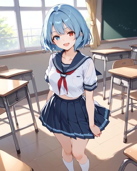 kogasaN tatara kogasa,short hair, blue hair, bangs, heterochromia, red eyes, blue eyes, white shirt, long sleeves, juliet sleeves, vest, blue vest, skirt, blue skirt, no socks, geta, umbrella, holding umbrella, tongue, karakasa obake