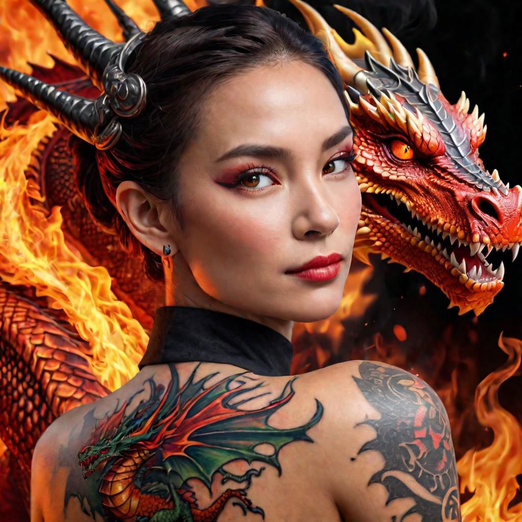 Lady of dragon, realistic, fire dragon, queen, queen has a tattoo on face, show fire dragon behind to her.