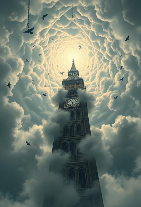 hanging from the skies, POV. upside down, hanging from a ceiling tower by chains, digital art that is drawn by the award winning painter, detailed beautiful calming, from the very below of a huge tower under the busy circular sky and clouds that encircling the tower, the tower itself is very detailed but covered by mist, every floor has windows and balconies that varies from each other. there is a huge clock on the tower, there are crows circling around in the distance, the skies are very detailed, ultra detailed clouds, clouds even at the lower stages of the tower, beetween the clouds reveals some windows, the painting shows the scale of the tower in full majesty, you can barely see the top of the tower because of the stormy clouds, the sunrays trying to pierce the busy skies, storm is brewing. masterpiece art.