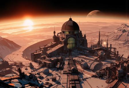 Aerial view from a great height of a massive lunar crater spanning several kilometers. A scientific research station, almost a futuristic city and a mining extraction facility, stands at the heart of this vast lunar basin.
The station’s architecture is sleek and harmonious, composed of glass and steel. A grand building with a colossal astronomical observatory dome towers over numerous other structures, many of which have small domes or cupolas. Multiple platforms host residential and research facilities, with scattered lights, intricate staircases, and antennas spread throughout the area. The crater’s edge is distinctly visible several kilometers away.
In the foreground, additional research domes, pipelines, conduits, and enormous mining machines contribute to the bustling activity across the plain. The sky is intensely illuminated as the sun sets, casting an orange and bluish glow over the frozen city. The air is frigid, with ice crystals drifting in the wind, lifting snow and dust just above the ground. In the vast expanse of space, we are so hight that we see others craters on the horizon. Earth can be seen setting on the horizon.