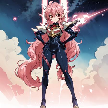 <lora:Nova-10:1>outdoor,forest,Masterpeace,high quality,Nova, 1girl, solo, long hair, red eyes, pink hair, pointy ears, armor, blue bodysuit, pauldron, breastplate, standing, full body, hand on hip