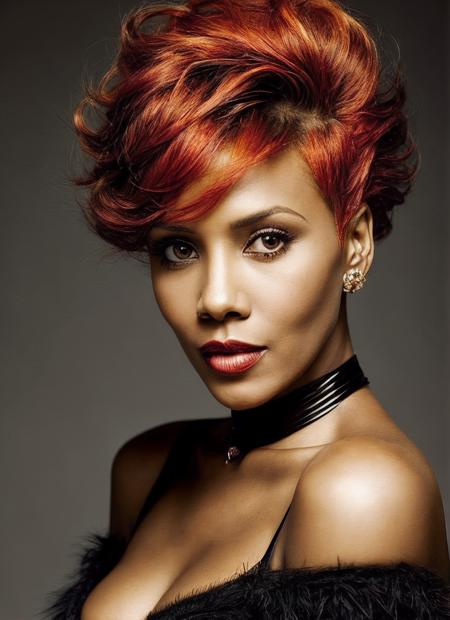 portrait of sks woman by Flora Borsi, style by Flora Borsi, bold, bright colours, orange Mohawk haircut, ((Flora Borsi)), <lora:locon_vivicafox_v1_from_v1_64_32:1>