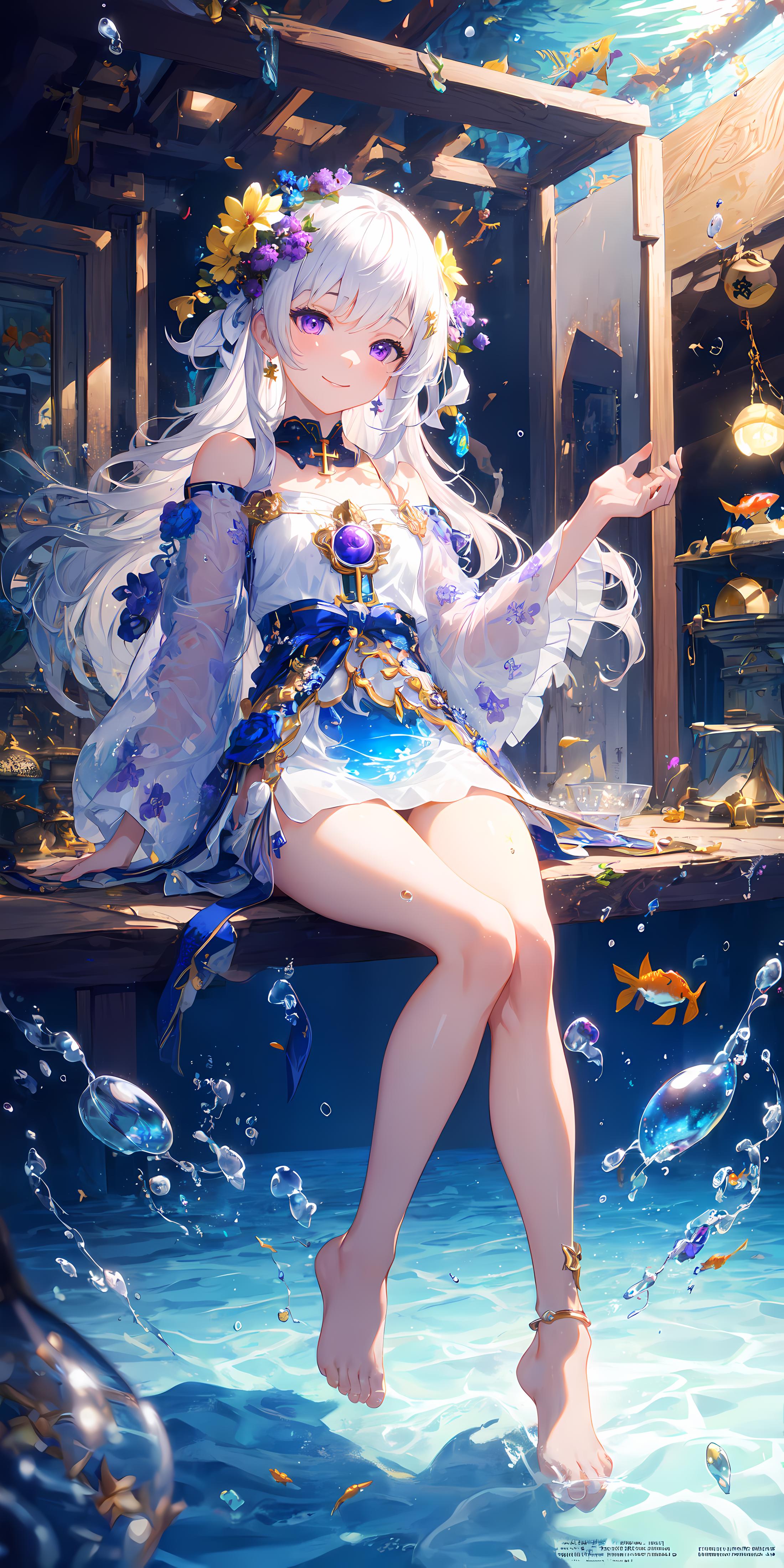 An anime-style painting of a blonde woman in a white and blue dress sitting on a bench surrounded by water and various sea creatures, including fish and a crab.