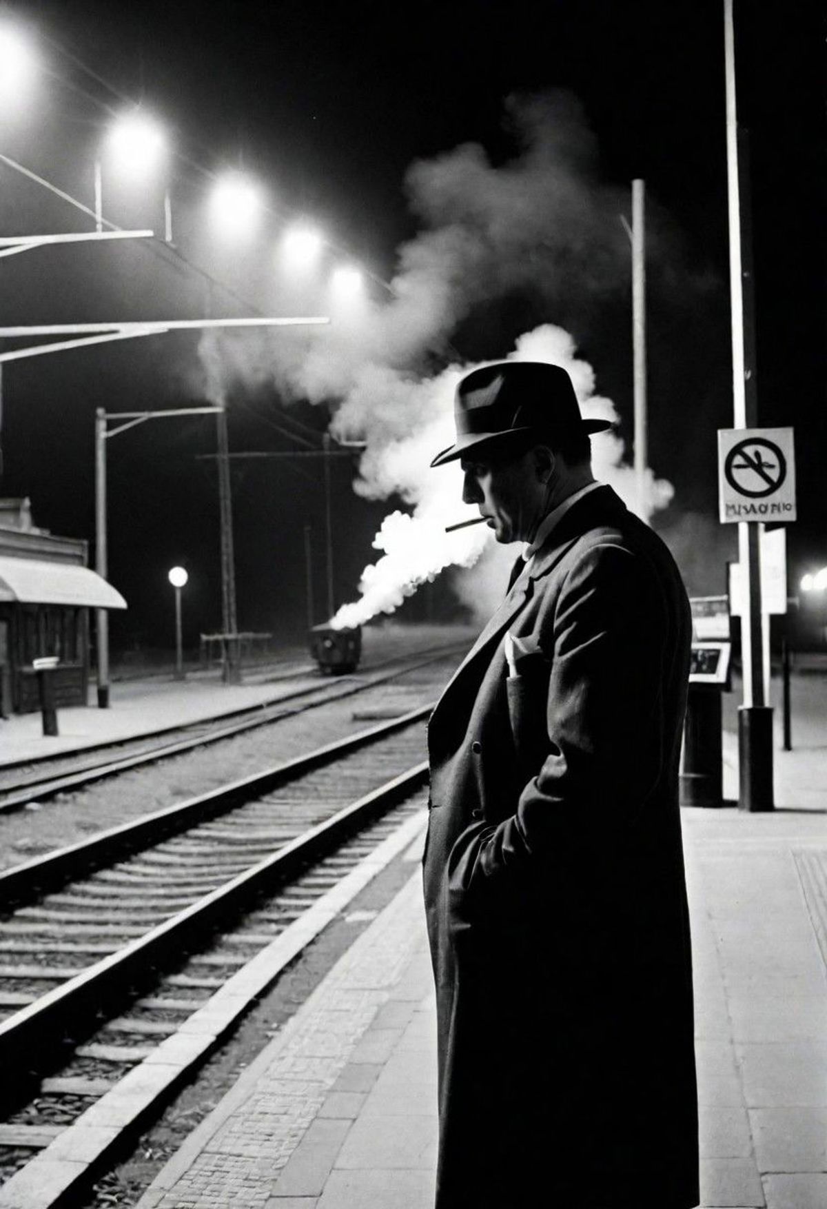 A man standing next to train tracks smoking a cigarette.