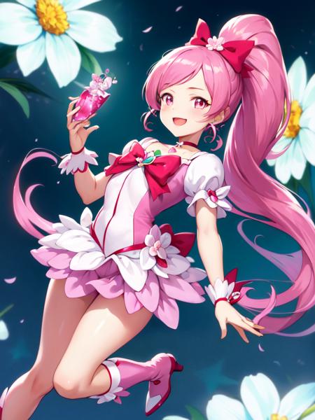 cure blossom long ponytail, hair ribbon, wrist cuffs, gem, flower earrings, boots, choker, shorts under skirt, pink shorts