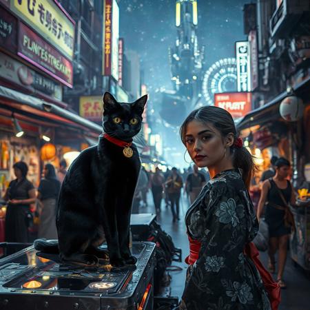 Setting is a futuristic cyberpunk street market at night, the market is comprised of street vendors selling robot parts, food, weapons, and robots. People wearing futuristic cyberpunk clothing are walking through the street market shopping and eating, A sleek black cat with red collar sits on a cluttered metal riveted desk with transparent top and micro-LED lighted computer components visible inside, On the desk is an ebony and gold maneki neko statue and futuristic art deco lighting, (((a beautiful woman, 24 years old, is standing in the foreground FACING THE VIEWER, she has an expression of interested curiosity)))))), the sleek black cat with red collar is sitting on the desk and watching the people walking by in the busy street market, the woman is dressed in futuristic cyberpunk ECLECTIC style yukata with a low neck line alluring aesthetic. An enormous art deco inspired starship with futuristic lighting and an enormous space station are visible in the background among the stars, The woman's hair is elegantly tied up with a ribbon. Artistic cyberpunk, dynamic perspective, (((overall architectural aesthetic is Art Deco Cyberpunk))).  Epic image that elicits a feeling of wonder and awe, (((((CLASSICALLY STYLIZED LIGHTING AND ARCHITECTURE FROM CHINA INDIA JAPAN FRANCE EGYPT ROME AND GREECE))))),