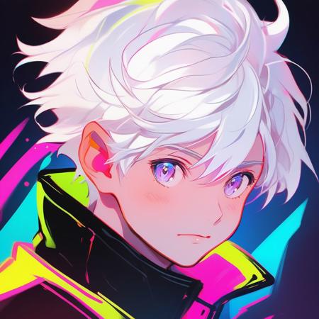 portrait, neon color, 1boy,white hair,short hair  <lora:sdxl_touxiang_dba-000018:0.7>