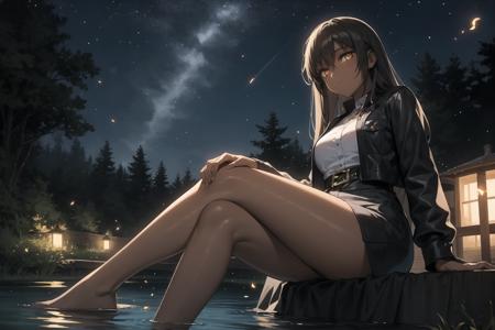 masterpiece best quality,1girl,dark skin,golden eyes,outdoors,pond,sitting,night,fireflies