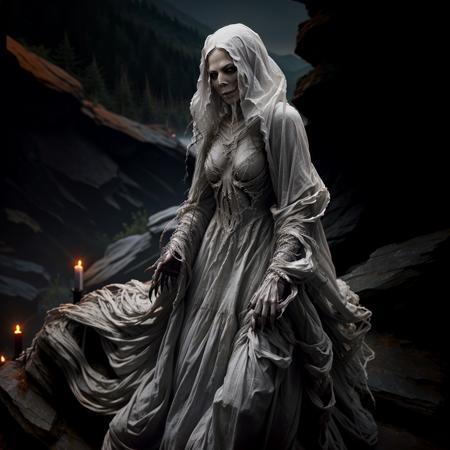 <lora:RPGBanshee> photo of banshee, looking at viewer, white cloak, skeletal, long hair, very long hair, mountains, ((night)), 8k, depth of field, looking at viewer