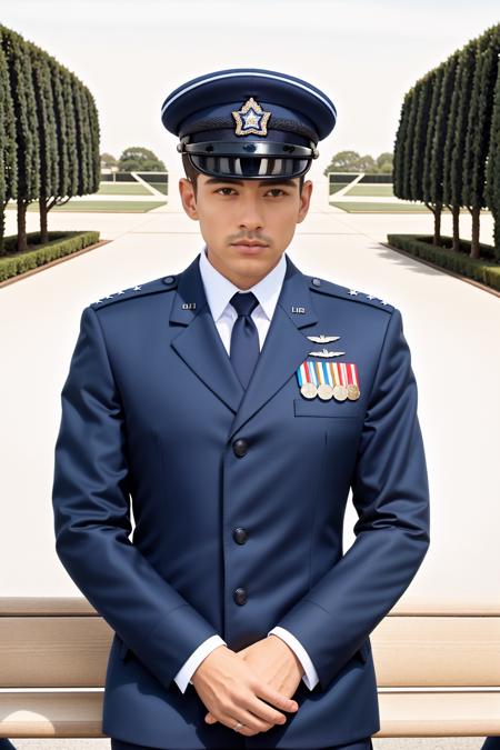 RAW photo, absurdres, high quality, photorealistic, sharp focus, airforce_uniform, 
a man wearing an air force uniform, looking at viewer, standing, service cap, 
park, bench, outdoors, sunlight, 
photo realism, ultra-detailed, 50mm, f1. 4, 8k uhd, film grain, 
 <lora:airforce_V2:1>