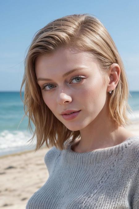 closeup headshot of S764_SaharaSkye,a stunning woman,on a (beach),wearing a (sweater),(RAW photo, best quality, 50mm, depth of field, ultra high res, intricate, photorealistic, cinematic-shot, masterpiece, ultra-detailed),
