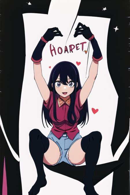 best quality, masterpiece, 1girl, hoshino_ai, (black_stockings:1.2), legs, hands_up, heart_eyes, heart_shirt, shorts