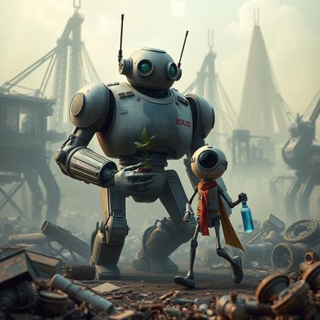 apocalyptic WORL, FULL OF TRASH, MECHANICAL PARTS EVERYWERE, GIANT CRANES BACKGROUND, SMOG, 2 ROBOTS, A BIG MUSCLE ROUNDED TANK ROBOT WITH LONG ARMS MILITARY BADGES AND SHORT LEGS HOLDING A LITTLE GREEN PLANT, A LITTLE THIN KNIGHT ROBOT WITH WHEELS HOLDING A BOTTLE WITH BLUE WATER, WALKING, HAPPY