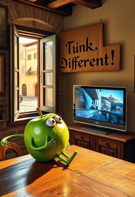 "In a cozy Italian apartment, an anthropomorphic green apple with expressive features—eyes, arms, and legs—sits on a rustic wooden table, watching a large TV on the wall. Golden sunlight filters through an open window, revealing an old piazza with cobblestone streets and terracotta rooftops. On the screen, an Apple computer commercial plays, showcasing sleek designs and vivid colors.
The green apple leans forward, captivated, its eyes wide with curiosity. A beautifully crafted cardboard sign hangs above the TV, boldly reading 'Think Different!' in elegant, Renaissance-inspired typography. The sign’s intricate details blend old-world craftsmanship with modern flair.
The room combines traditional and contemporary Italian aesthetics: exposed brick, wooden beams, and modern decor. Soft light from the TV illuminates the apple’s glossy green skin, as the scent of espresso drifts from the nearby kitchen, merging Italy’s timeless charm with high-tech innovation."