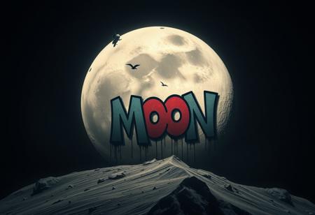 Graffiti on the moon. 
[(contemporary street art:1.35) ::0.35], (Banksy and Pejac -inspired octane rendering with a dusty, simple touch), [Frank Cho and Kay Sage influence: artistic flair: 0.70], a contemporary street art piece inspired by Banksy's style rendered in octane, featuring a dusty and simple aesthetic, drawing artistic flair from the influences of Frank Cho and Kay Sage for a unique and captivating composition
