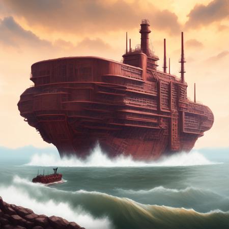 (BoneFortress:1) strange looking huge factory ship in the middle of a body of water <lora:BoneFortress:0.8>