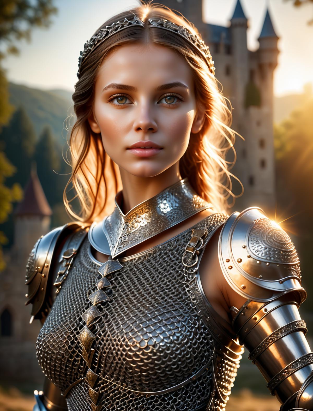 A beautiful woman wearing a chain mail armor, standing in front of a castle.