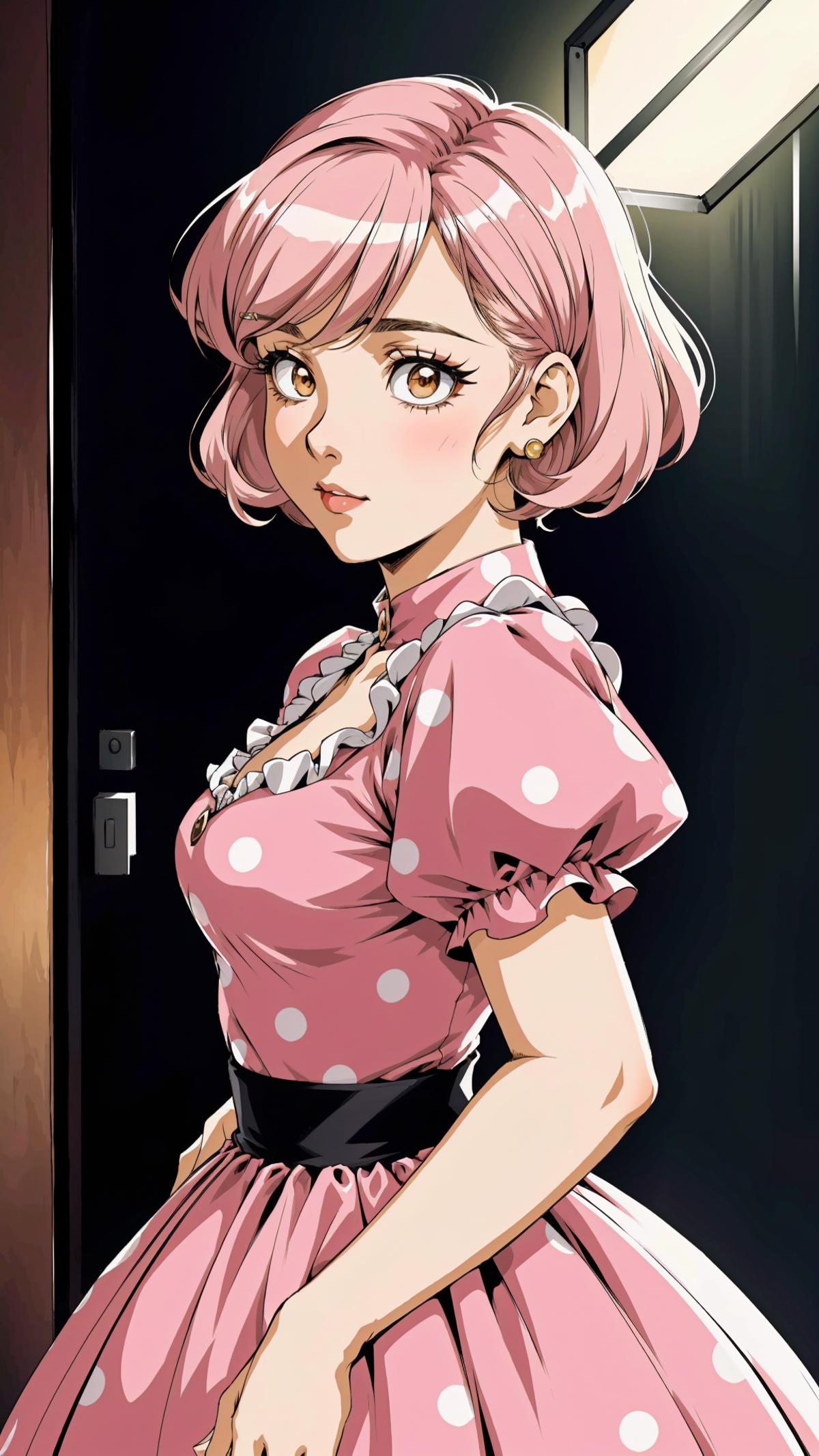 A pink haired woman in a polka dot dress and black panties standing in front of a door.